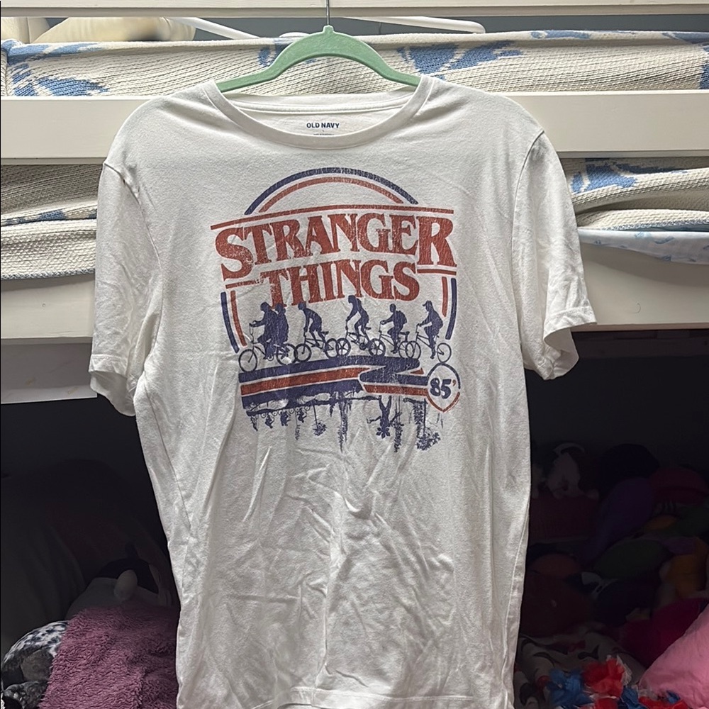 Old Navy White Stranger Things Tee with Red and Blue Print